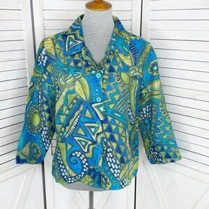Toni Morgan Abstract Art Button Up Shirt Blue Green Large Linen Blend